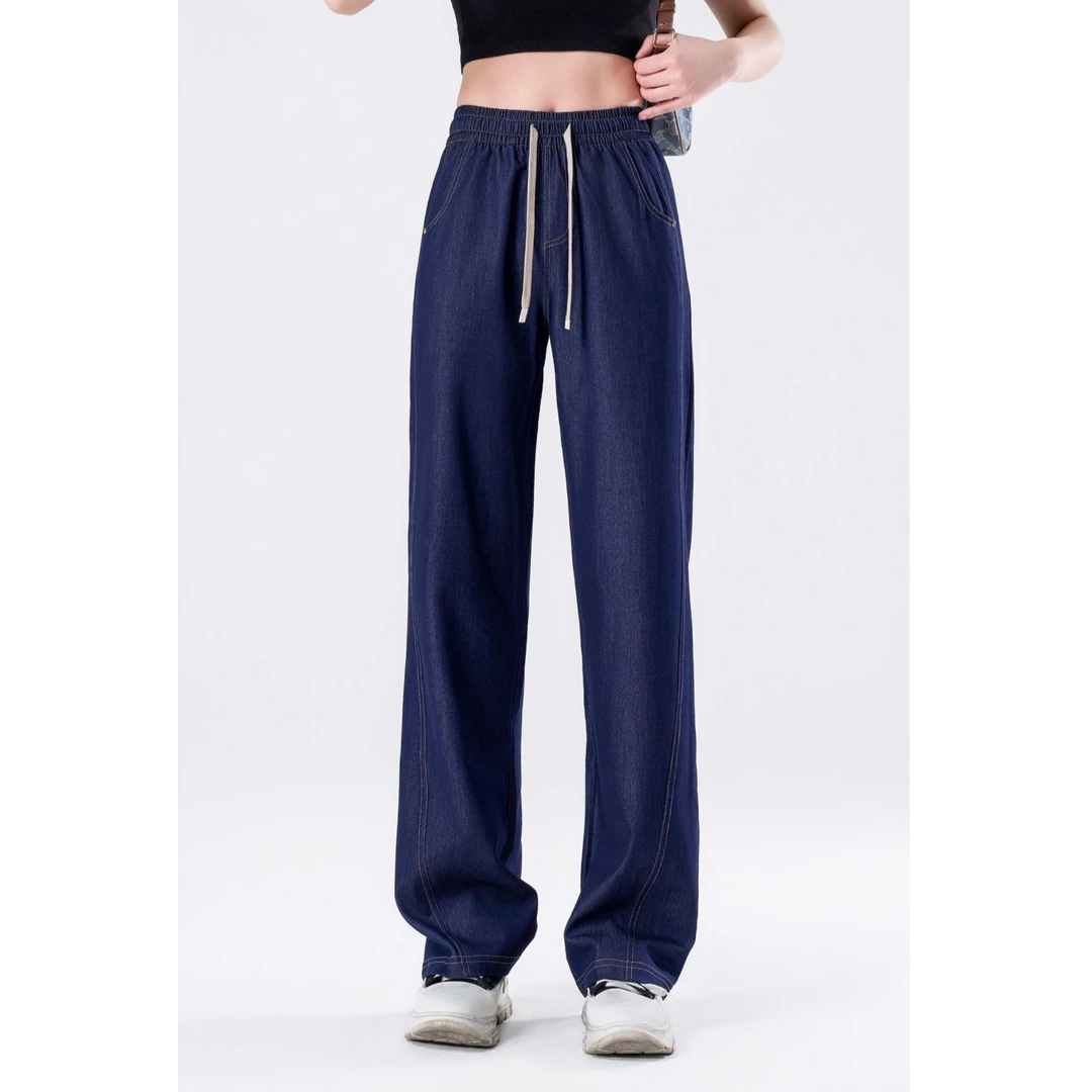 （傲娇女神裤）夏季百搭休闲风宽松微弹力高腰直筒裤子抽绳牛仔裤