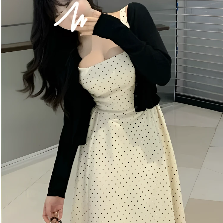 方领吊带波点连衣裙子女夏季新款开春韩系穿搭气质套装长裙