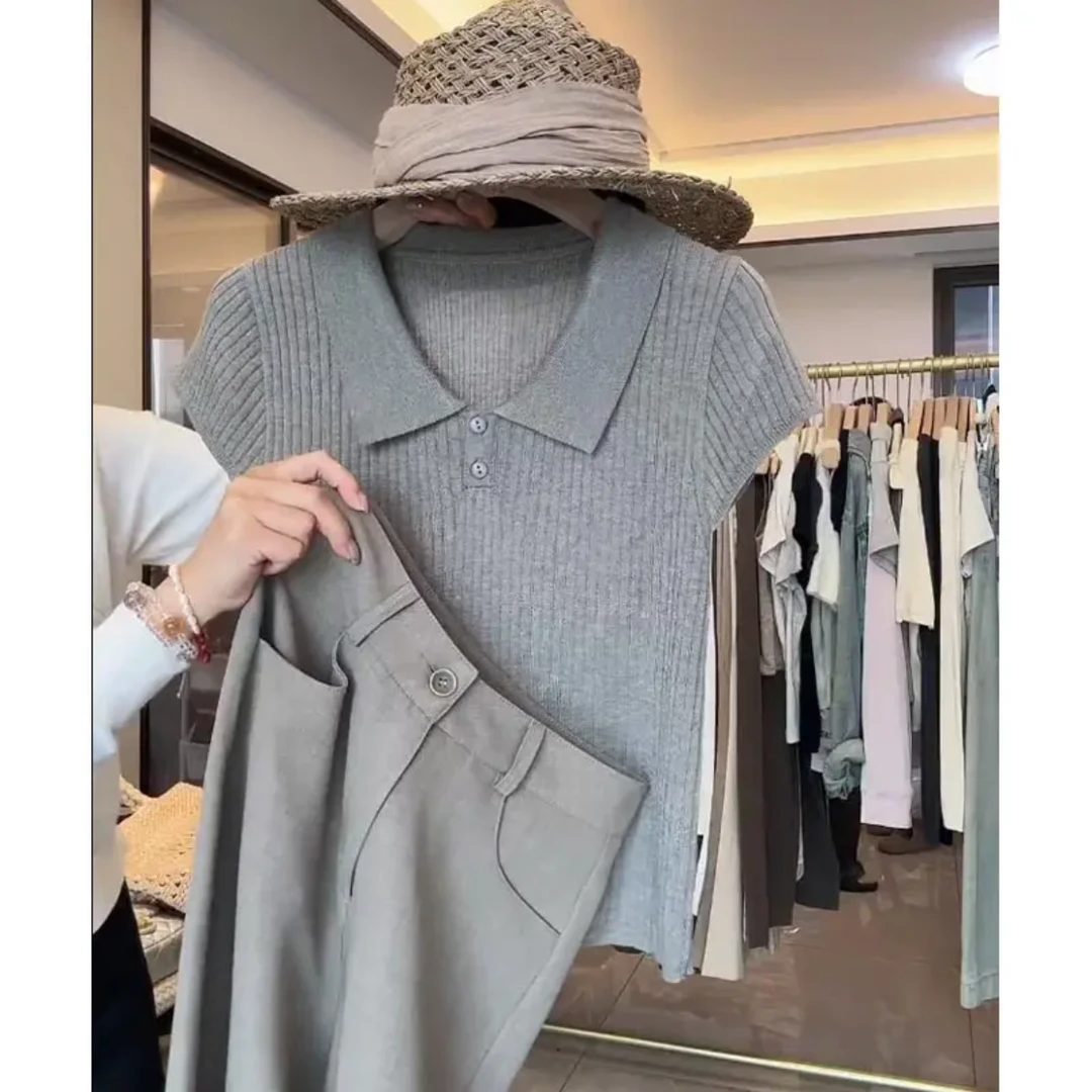 简约polo领夏季新款冰丝短袖针织衫时尚韩版显瘦百搭T恤上衣小衫