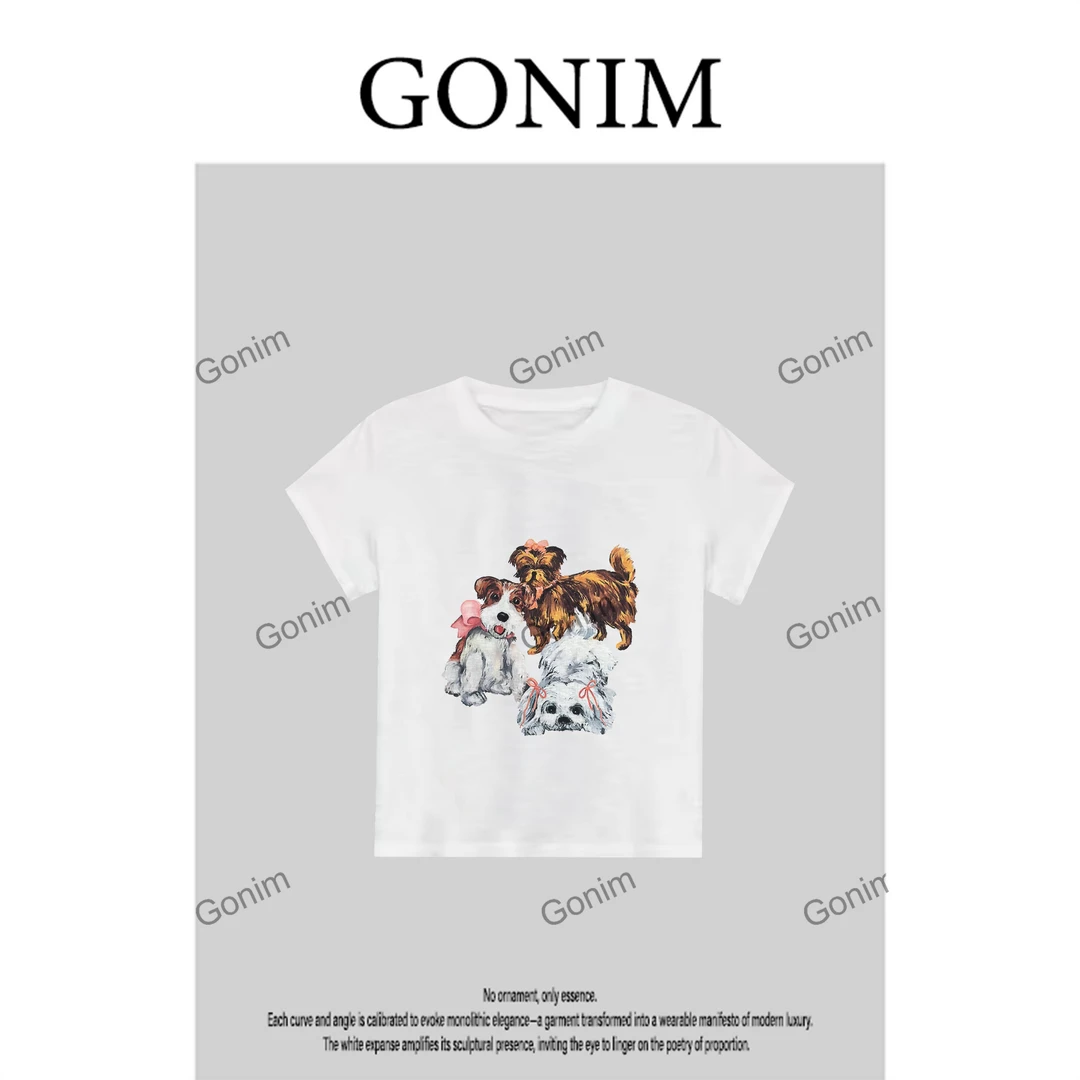 Gonim·"狗狗日记"2025新款设计感撞色百搭通勤短款T恤短袖女
