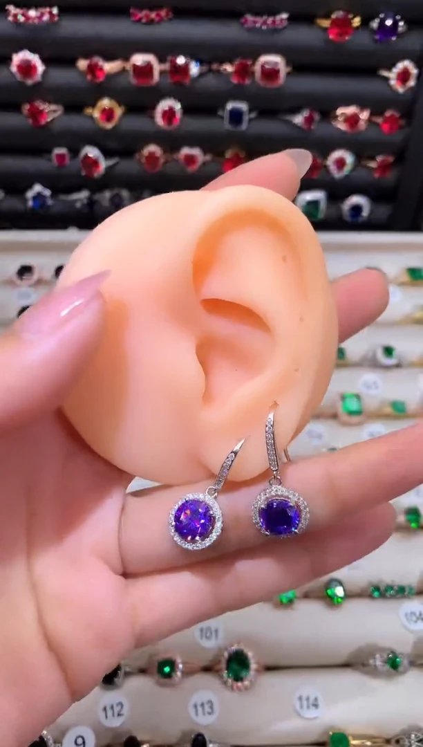 【闪购商品】水晶耳饰银S925镶嵌紫水晶高温优化/合成处理