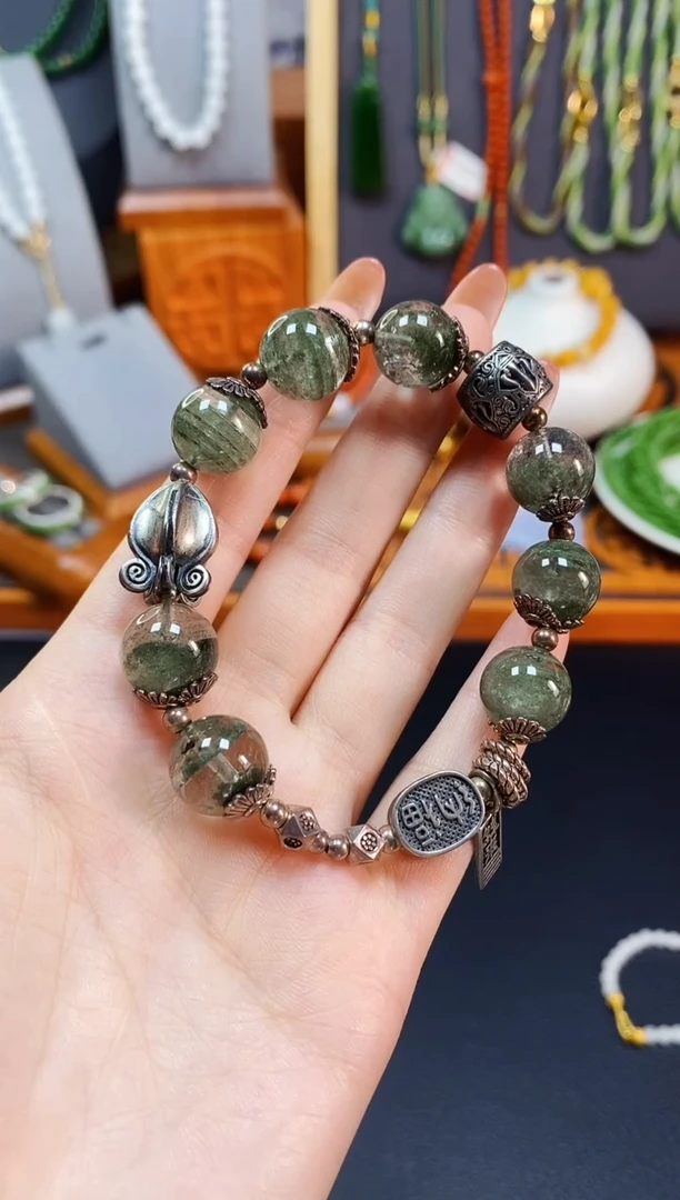 银S925镶嵌手串水晶绿幽灵水晶单圈手串