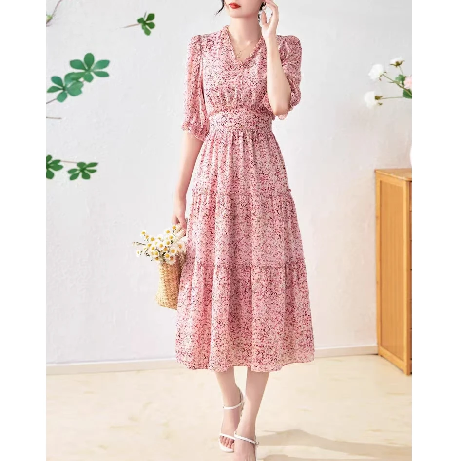 1528 时尚花边V领洋气碎花显瘦中长款甜美雪纺连衣裙JR