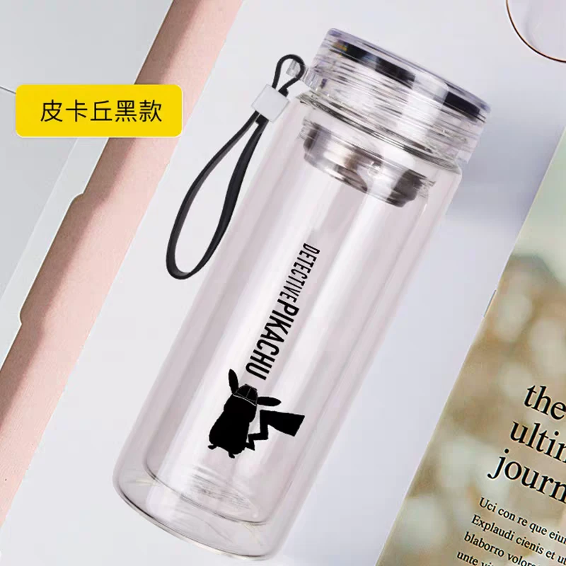 双层高硼玻璃杯隔热带提绳随身便携密封皮卡丘大侦探杯