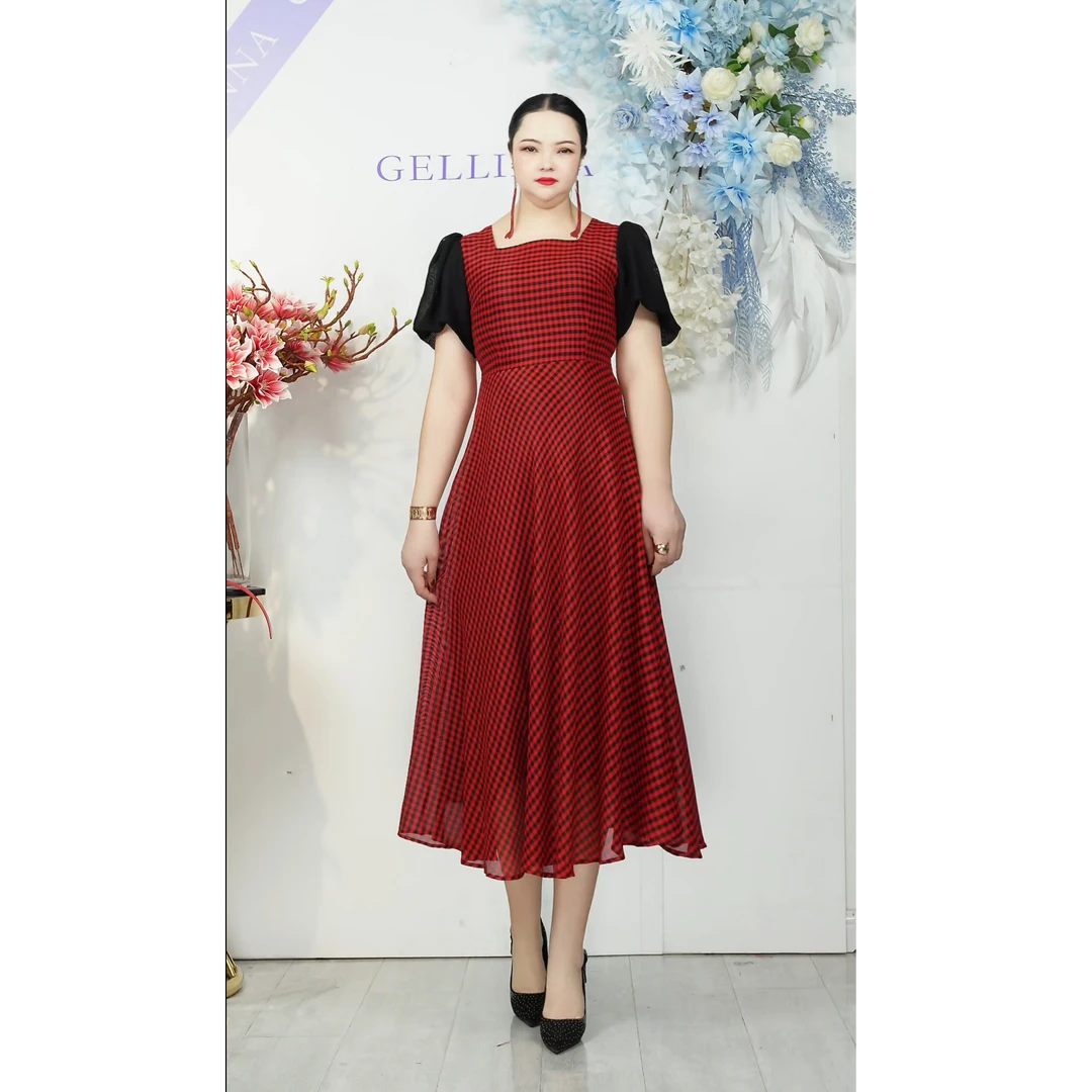 [GELLINNA女装]格子连衣裙/M-4XL/时尚长款宽松法式收腰气质显瘦