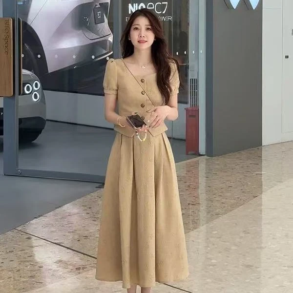 法式富家千金高级感收腰短袖西装上衣半身裙两件套女夏季时尚套装