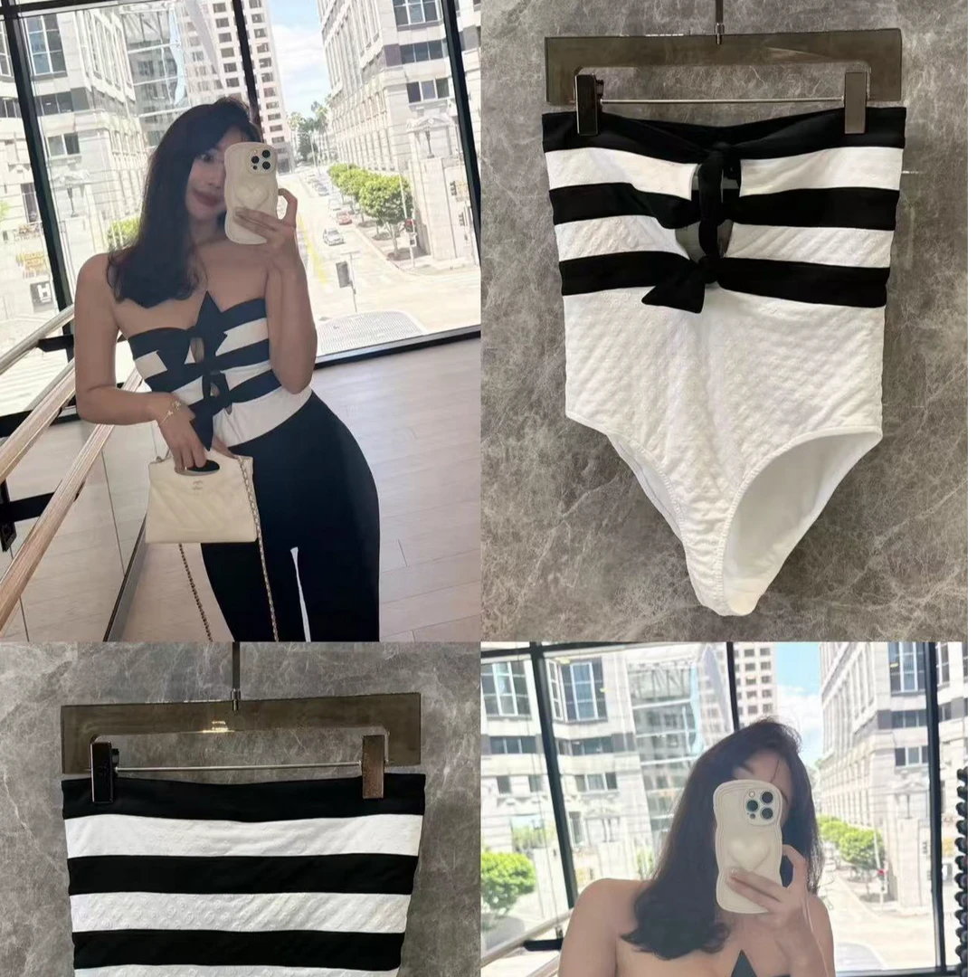 99新 Chanel/香奈儿 24s黑白蝴蝶结logo泳衣/f38/编号3001