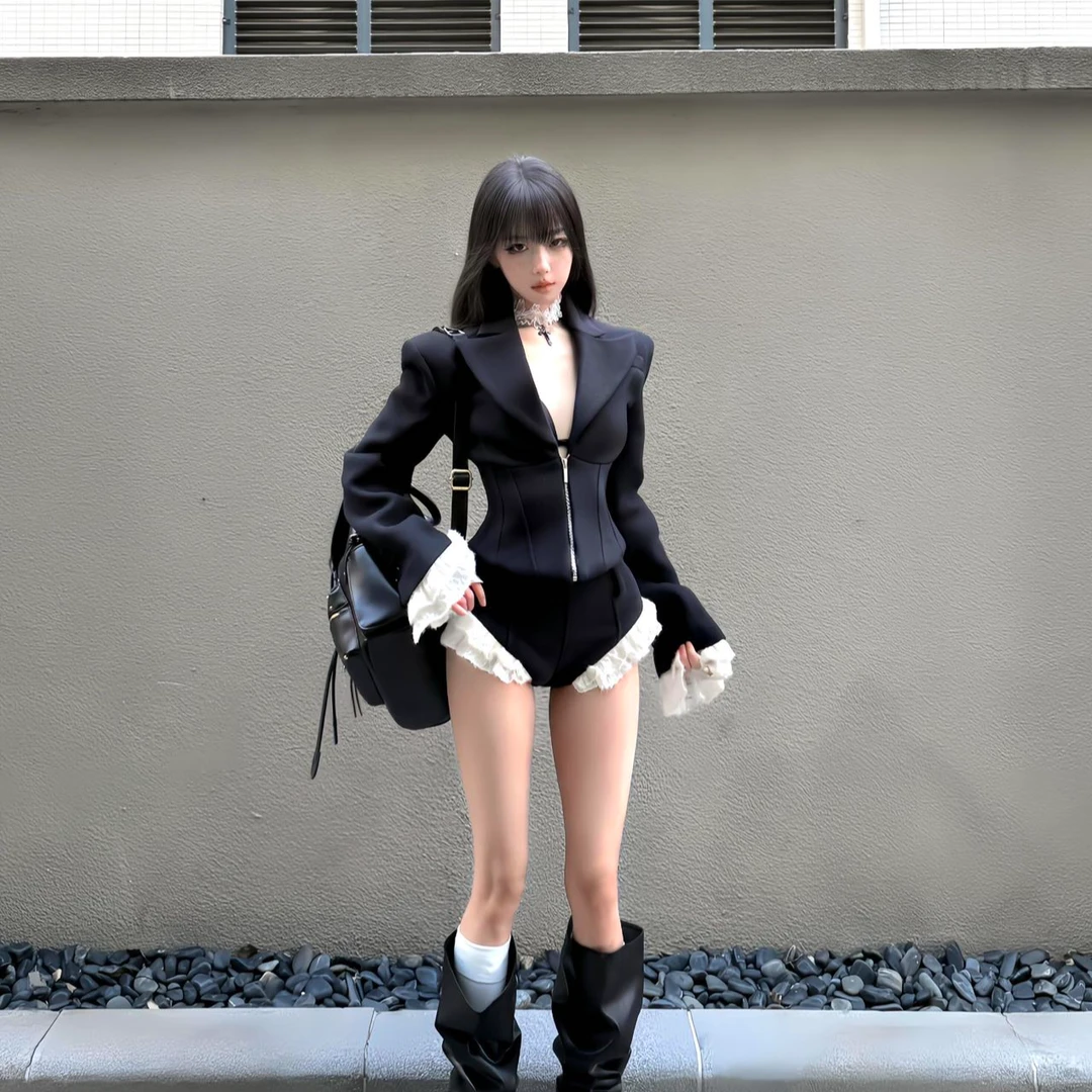 秋冬御姐风网红辣妹风时尚显瘦秋季黑色收腰西装外套短裤套装女