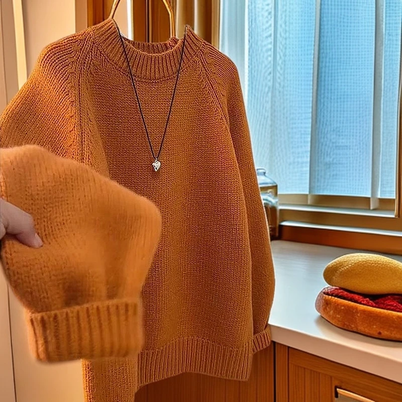 慵懒风温柔系加厚毛衣女秋冬年新款宽松外穿纯色针织衫打底衫