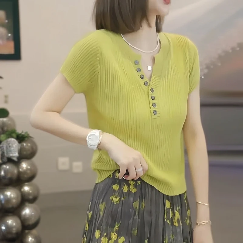 芥末黄短袖针织衫T恤女2025夏季新款洋气时尚百搭排扣小个子上衣