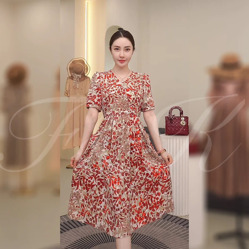 2025新款气质显瘦连衣裙女收腰中长款碎花裙子F2429