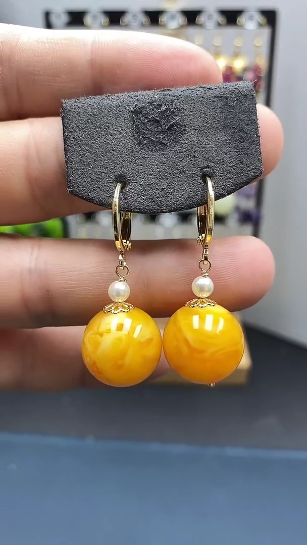 【闪购商品】蜜蜡耳饰银S925镀金镶嵌尺寸16mm耳扣06