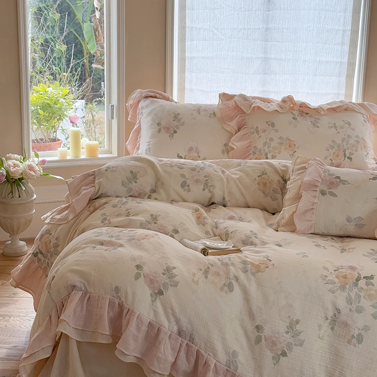 法式少女花卉全棉双层纱四件套纯棉双层荷叶边被套公主风床单床品