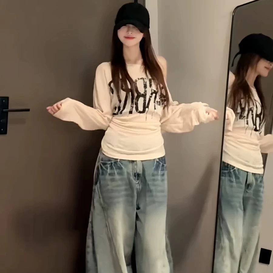 爆款美式性感薄款露肩印花上衣女夏季辣妹绑带收腰防晒长袖T恤ins