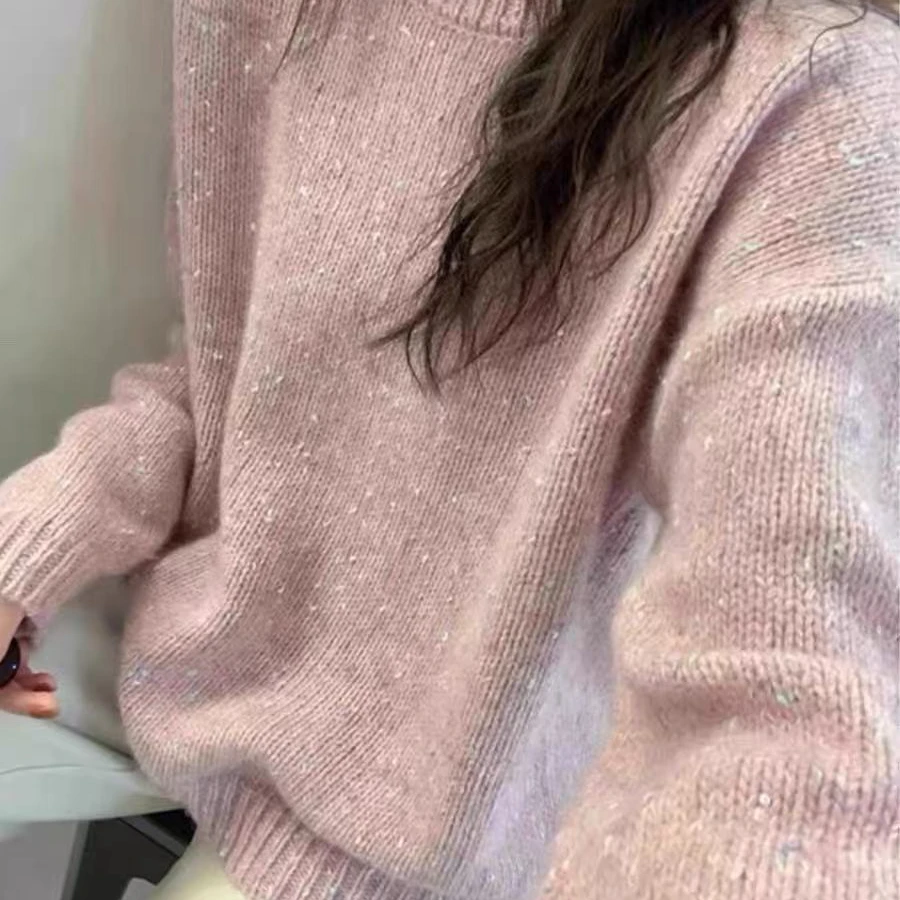 【彩点亮片】毛衫针织毛针织衫桃粉显白针织衫女装加厚时尚圆领8081