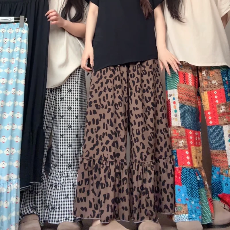 【大花边九分扫把裤】夏季薄款棉绸宽松休闲格子显瘦家居裤
