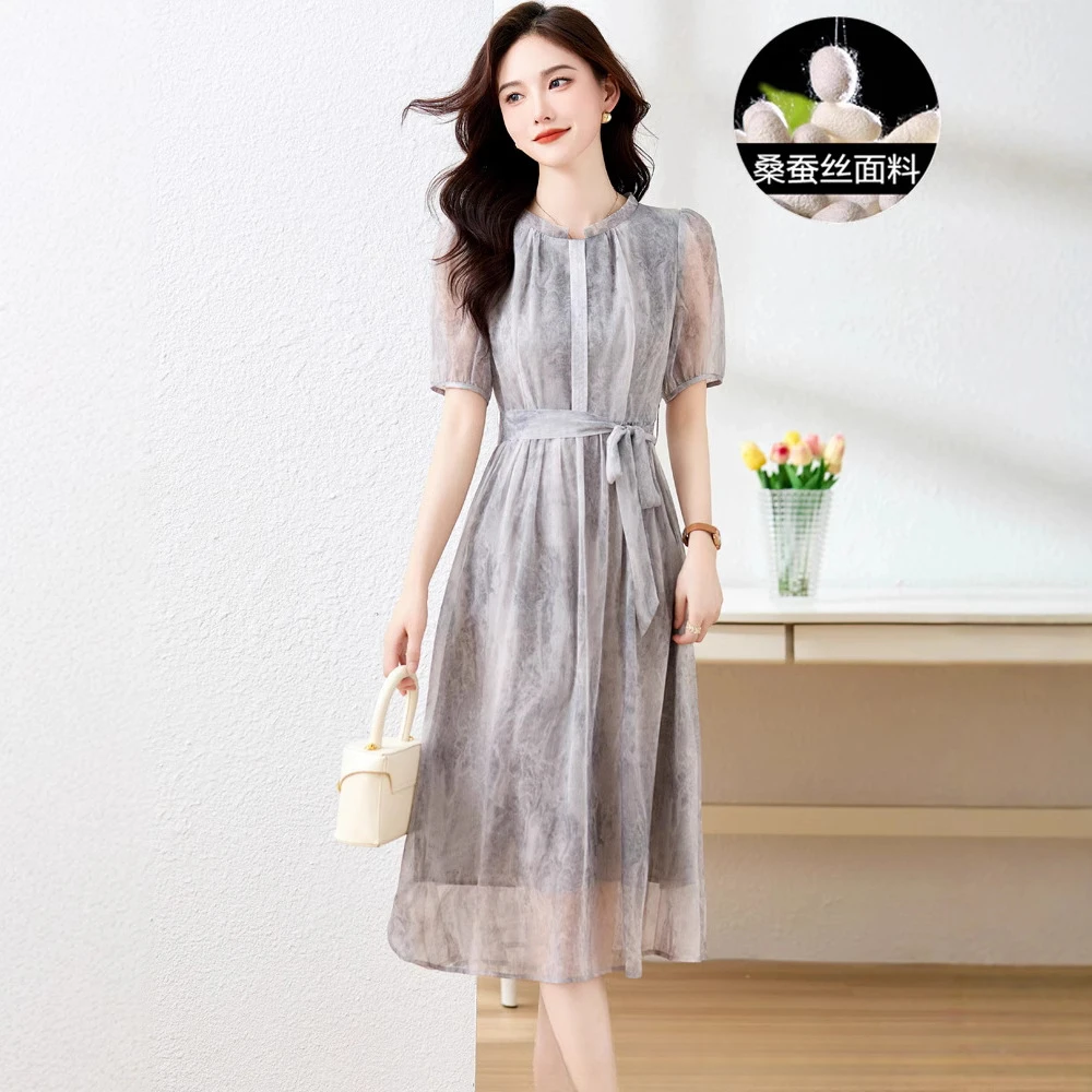 桑蚕丝70%夏季飘逸仙气桑蚕丝纯色连衣裙中长款奢华褶皱显瘦减龄