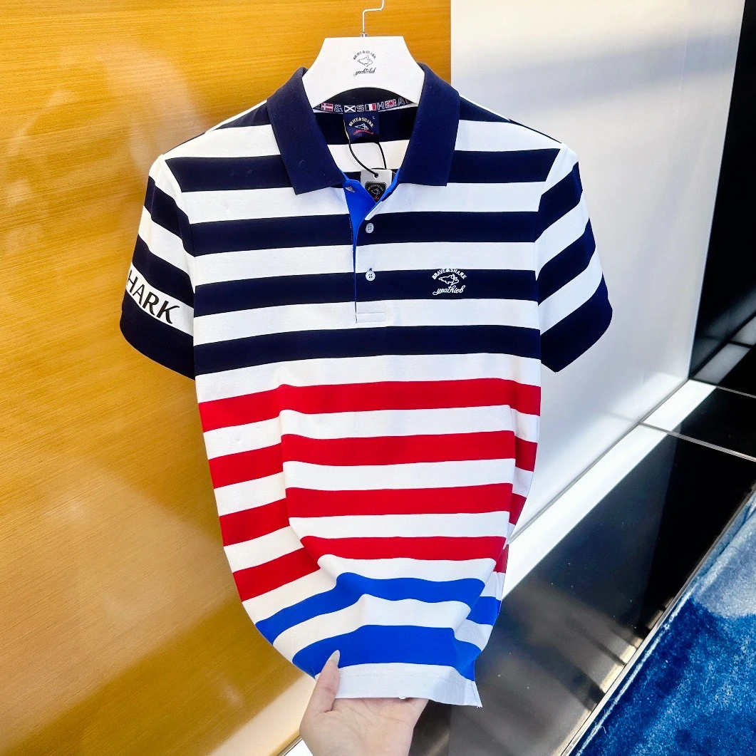 BRAVESHARK/勇士鲨鱼潮男短袖T恤翻领Polo衫斑马红条纹薄夏季A394