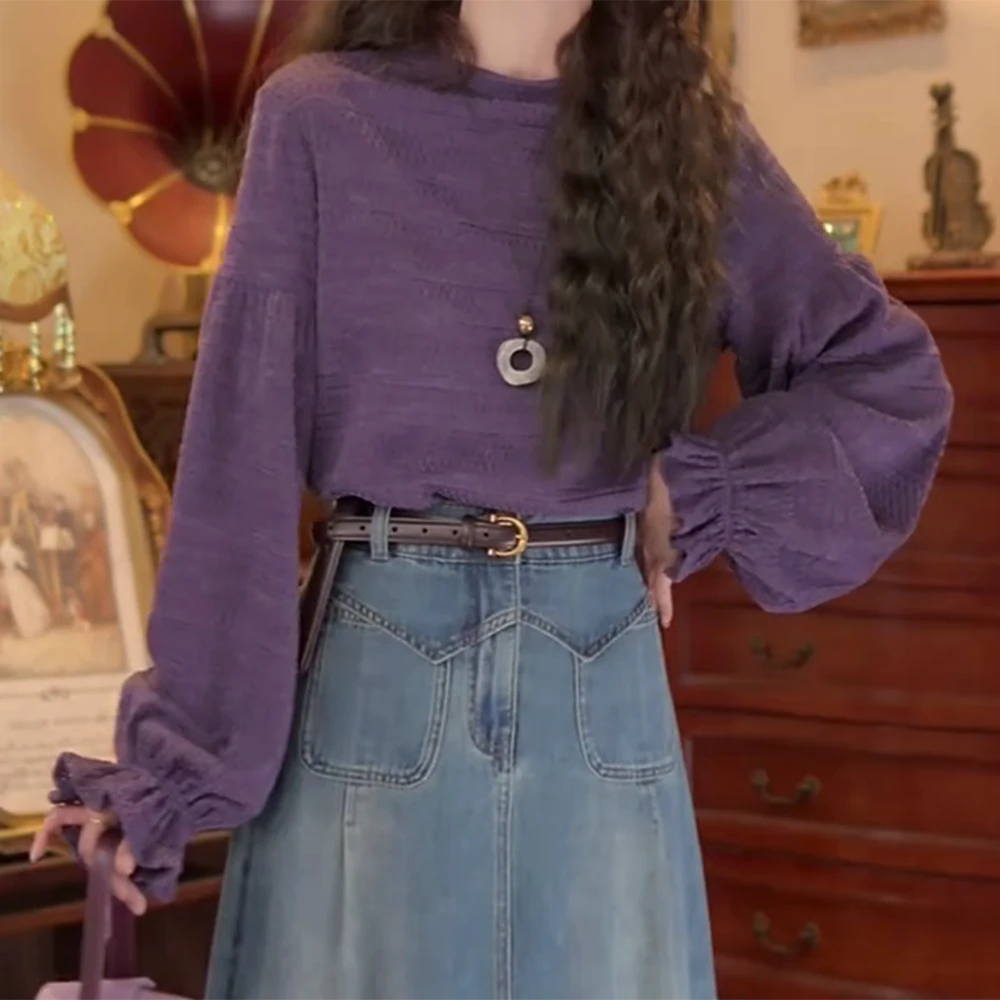 【葡萄蜜酿】港风复古暗纹纯色宽松百搭长袖T恤上衣C6110