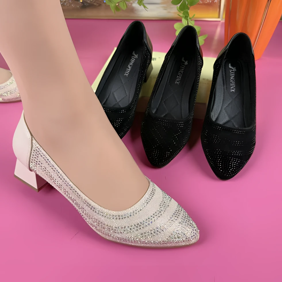 2025春季新款尖圆头水钻满天星单鞋中跟粗跟透气软皮洋气百搭女鞋