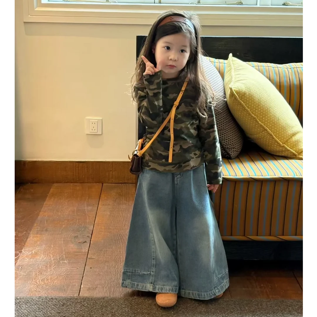 《现货》女童2025秋美式甜酷辣妹风飘带迷彩长袖上衣牛仔阔腿裤套装