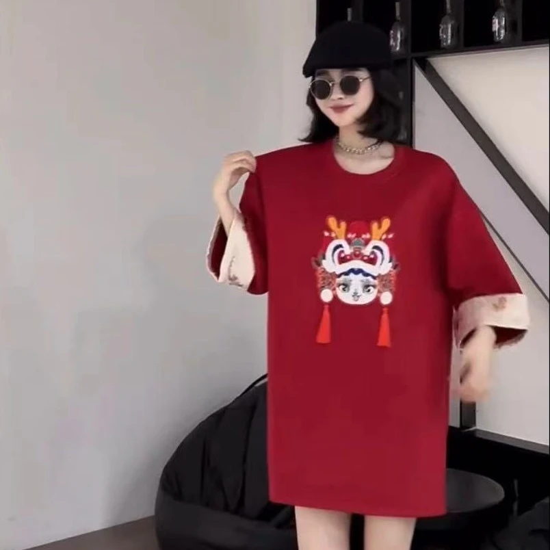 四月家~圆领流苏毛巾绣新中式法式复古风洋气中长款休闲裙24061