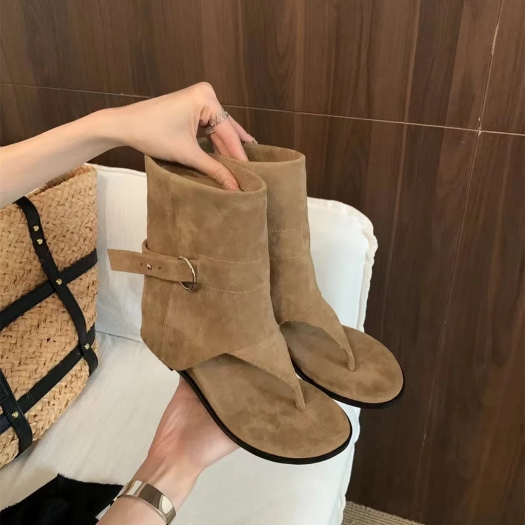 巨好穿！5cm内增高凉靴女款2025新款外穿夏小个子夹趾卡其色凉鞋