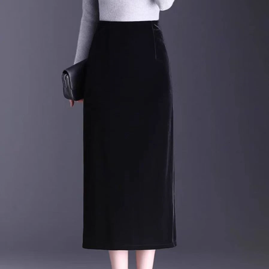 （清样）女式直筒丝绒包臀半身裙黑色显瘦春季开叉一步裙子