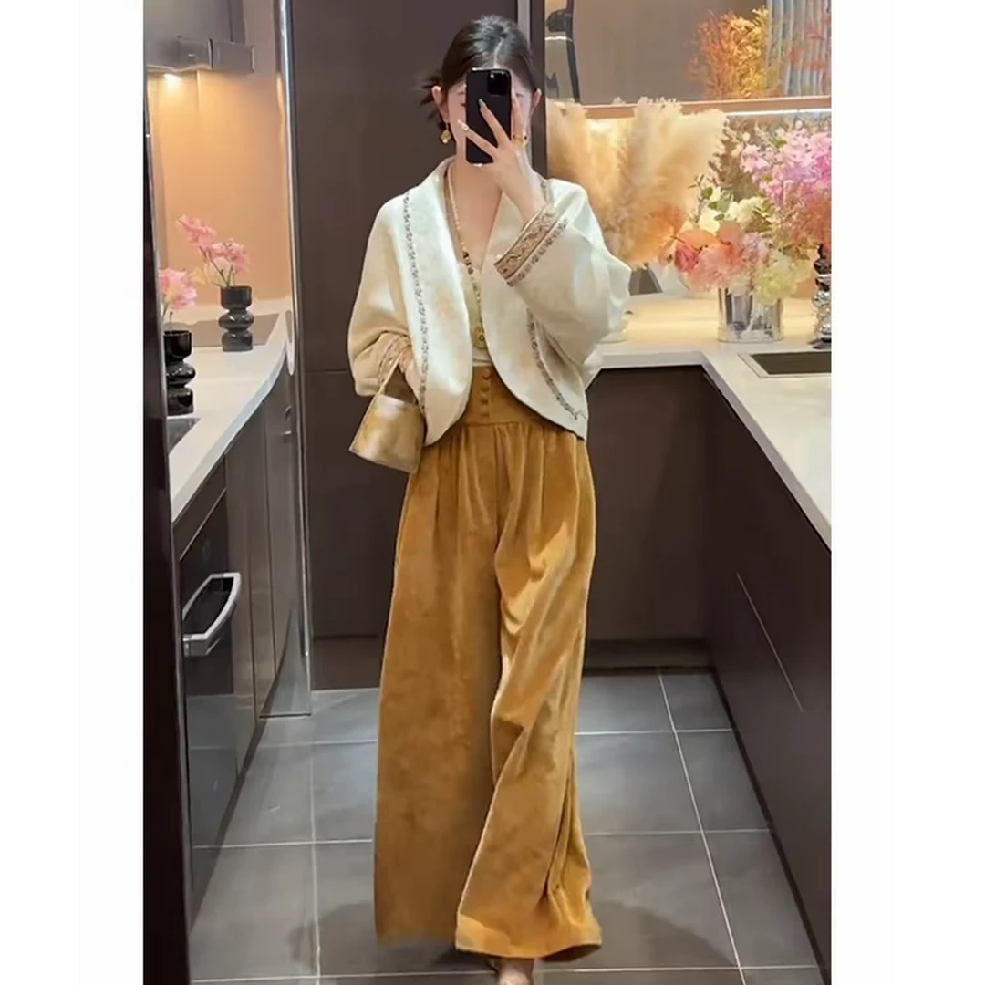 秋冬氛围感新中式轻国风高级感杏色夹棉加厚外套棕色阔腿裤套装