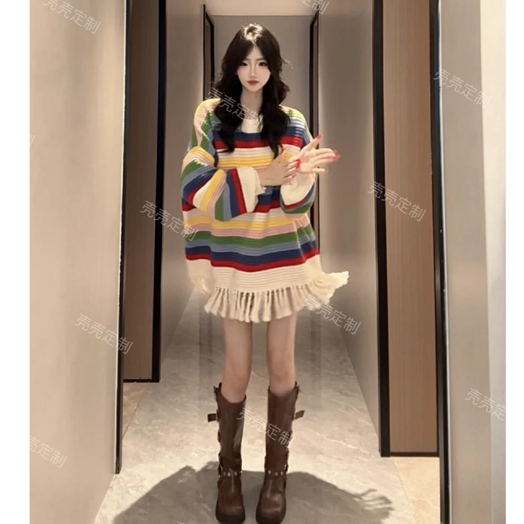 设计感条纹流苏针织衫韩版套头毛衣百搭宽松慵懒风彩虹长袖上衣女