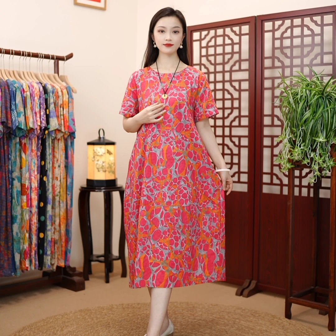 [十里桃花]夏季新款高级气质棉麻柔软遮肚宽松显瘦连衣裙子妈妈装