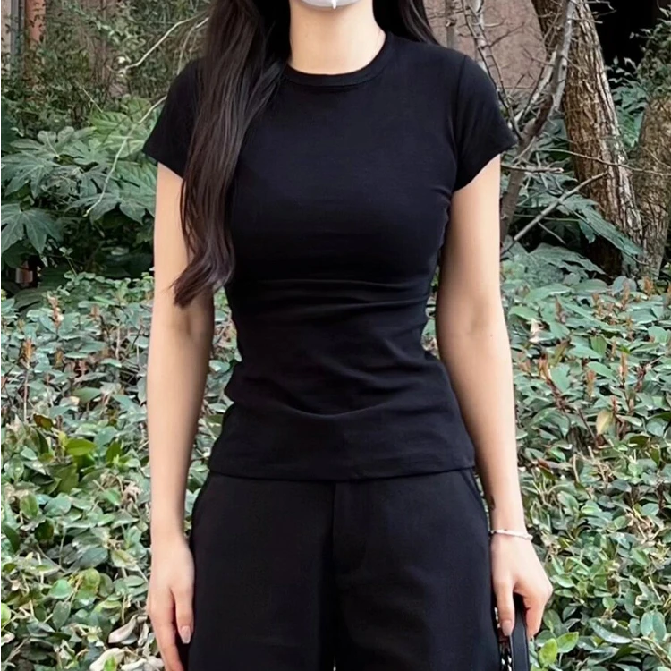 黑色95棉正肩短袖女春季新款辣妹修身收腰显瘦百搭基础款恤上衣潮