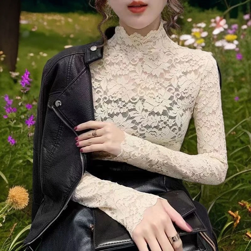 洋气蕾丝打底衫女2025小衫内搭镂空半高领高档欧货加厚花边打底衫
