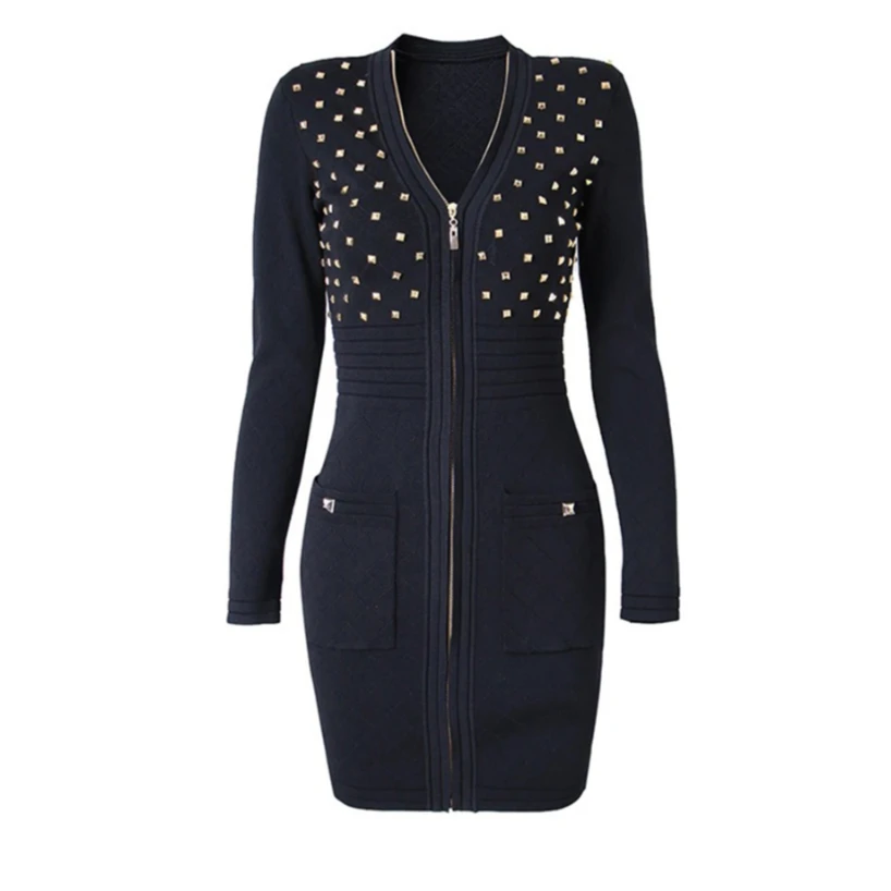 黑色铆钉重工菱格纹V领拉链裙子黑色气质包臀连衣裙-2152