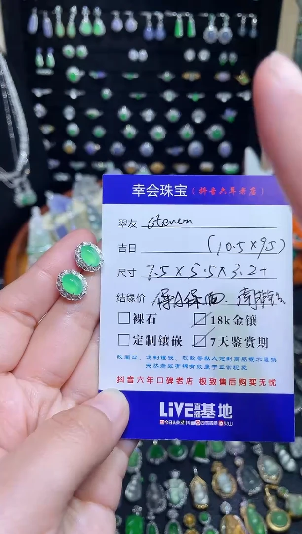 颈饰18K金镶嵌翡翠s****n高冰玻木那蛋面耳钉