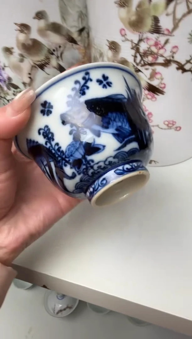 杯子陶瓷微瑕青花鱼藻纹二才盖碗