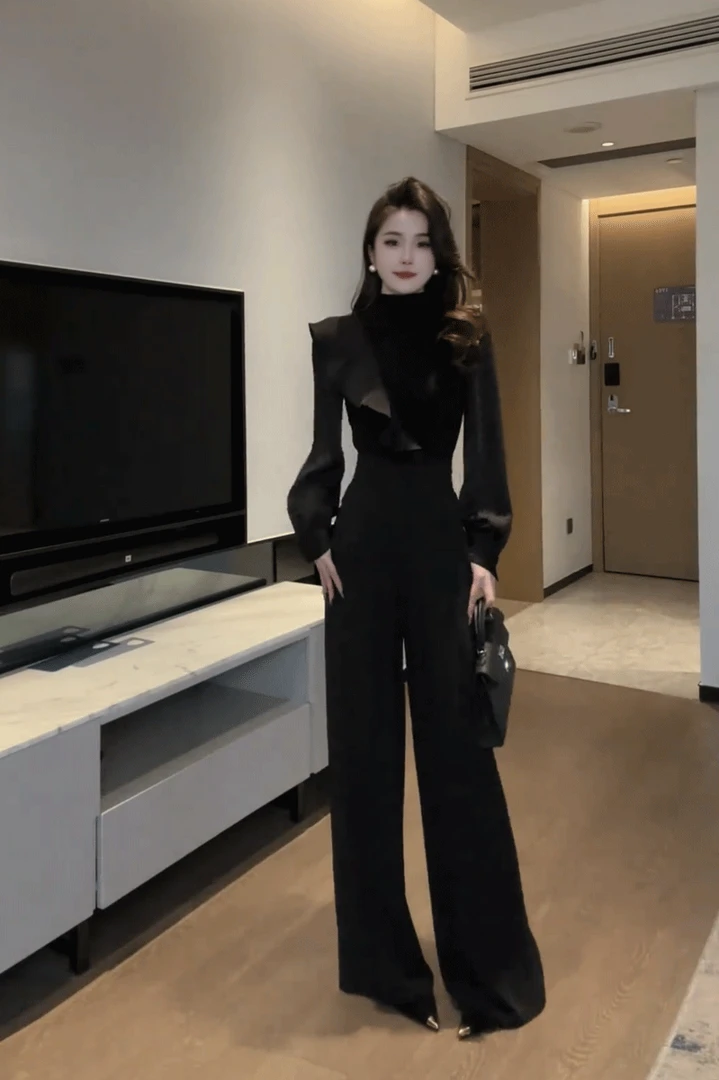 2025秋季新款高级感半高领长袖T恤上衣+高腰显瘦西装阔腿裤两件套