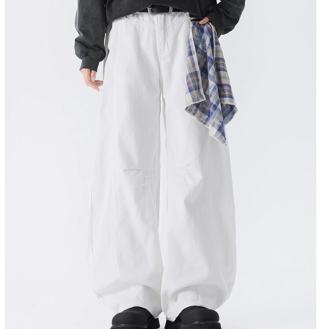 25新款美式复古弯刀裤早秋脏白牛仔裤男女潮牌阔腿高街美式裤子