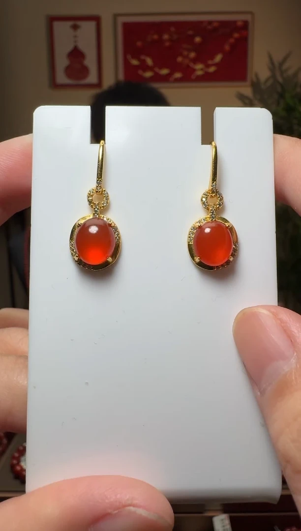 南红玛瑙耳钩银S925镶嵌一对