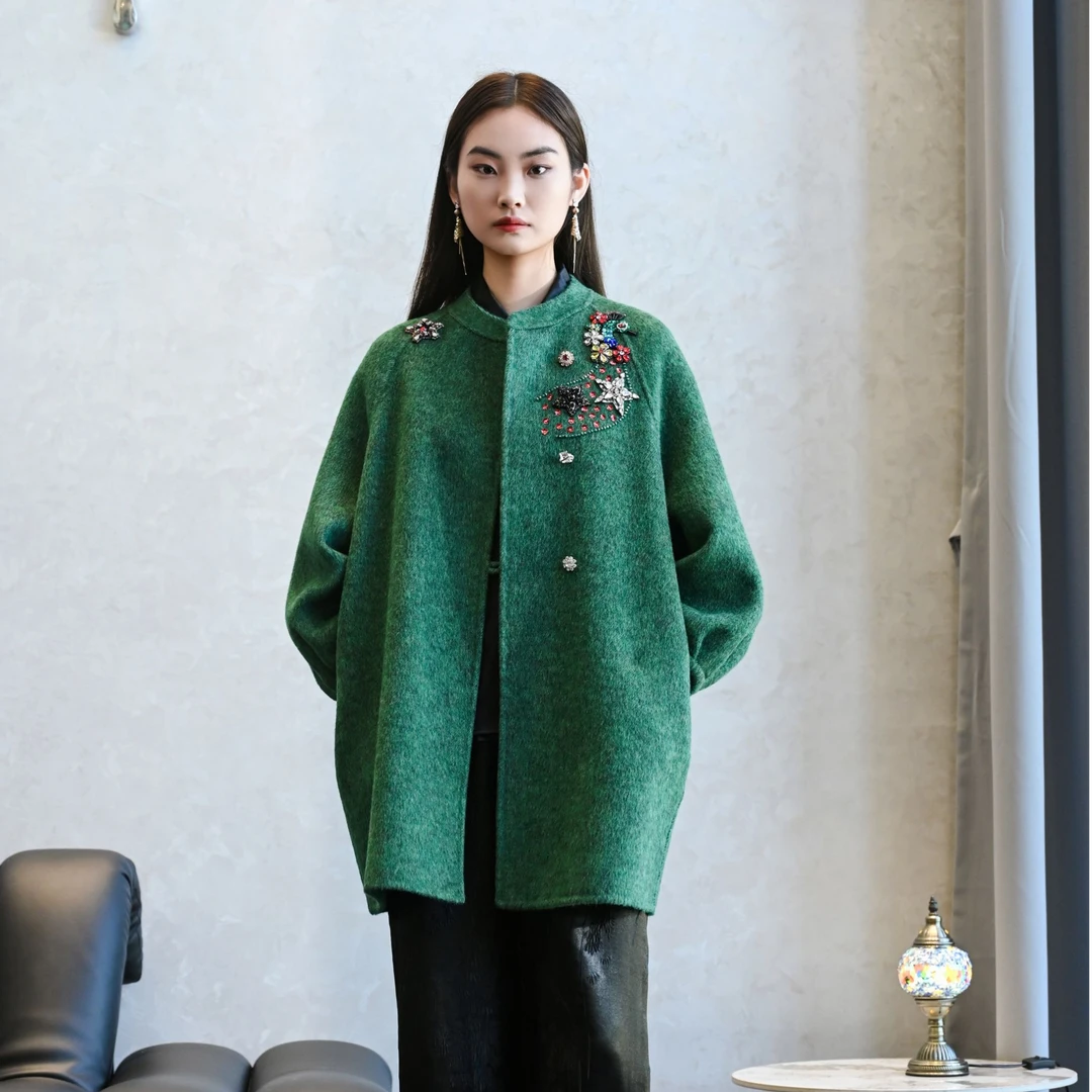 【羊毛大衣】 DR25137  手工串珠羊毛秋冬欧式时尚休闲百搭大衣