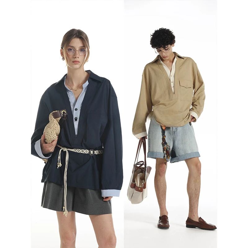 藏青色假两件衬衫男款2025秋季潮牌简约气质轻奢男女情侣衬衣外套