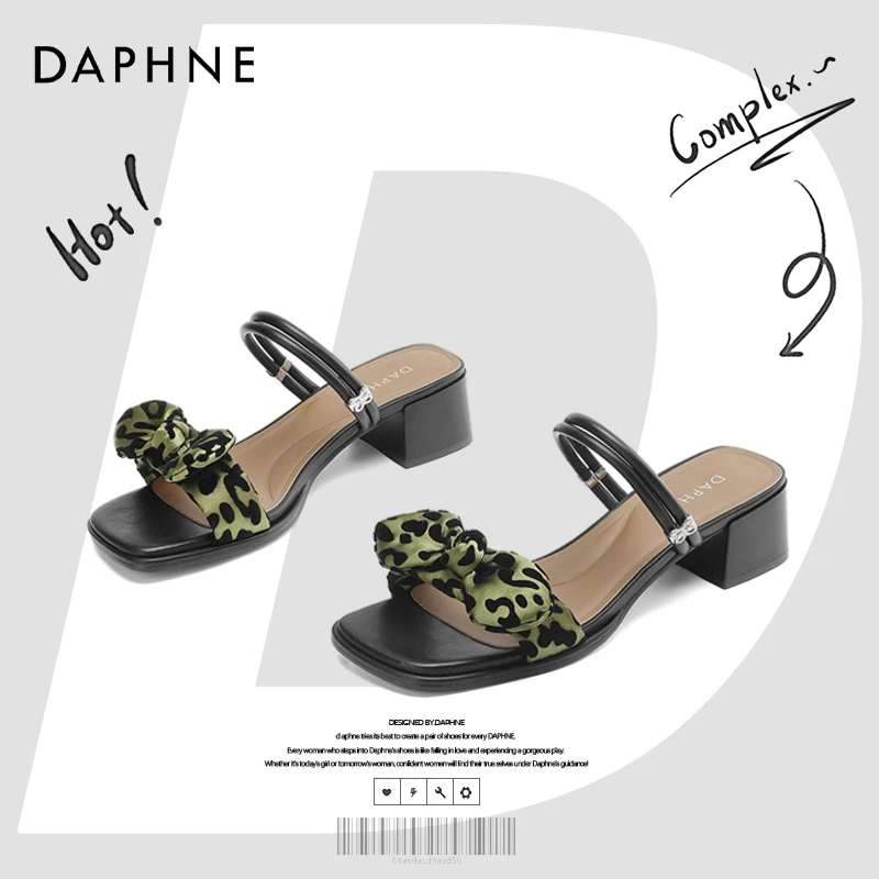 达芙妮网红爆款蝴蝶结一字拖鞋女2025夏季百搭粗跟露趾沙滩凉拖鞋