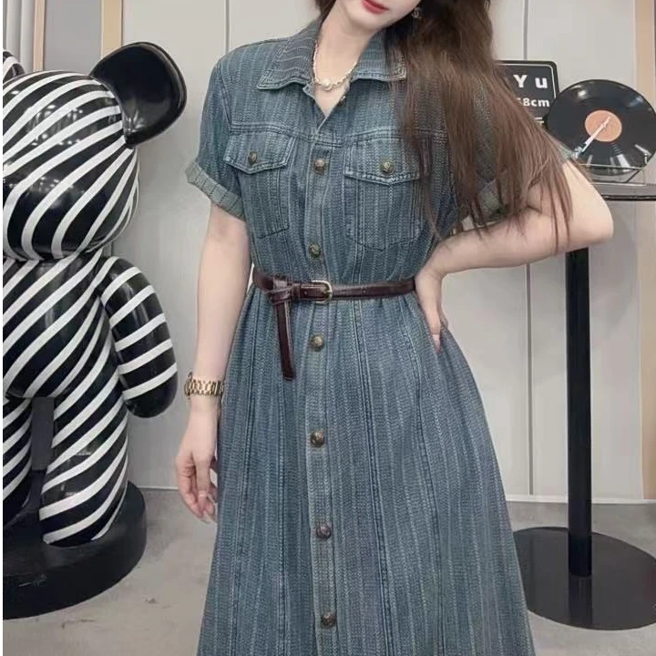 DAyu定制 条纹做旧提花A字裙连衣裙中长款女装牛仔显瘦休闲气质