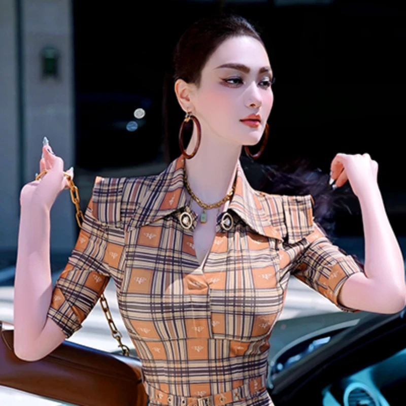 格子衬衫套装裙2025新款气质修身洋气上衣大摆长裙两件套
