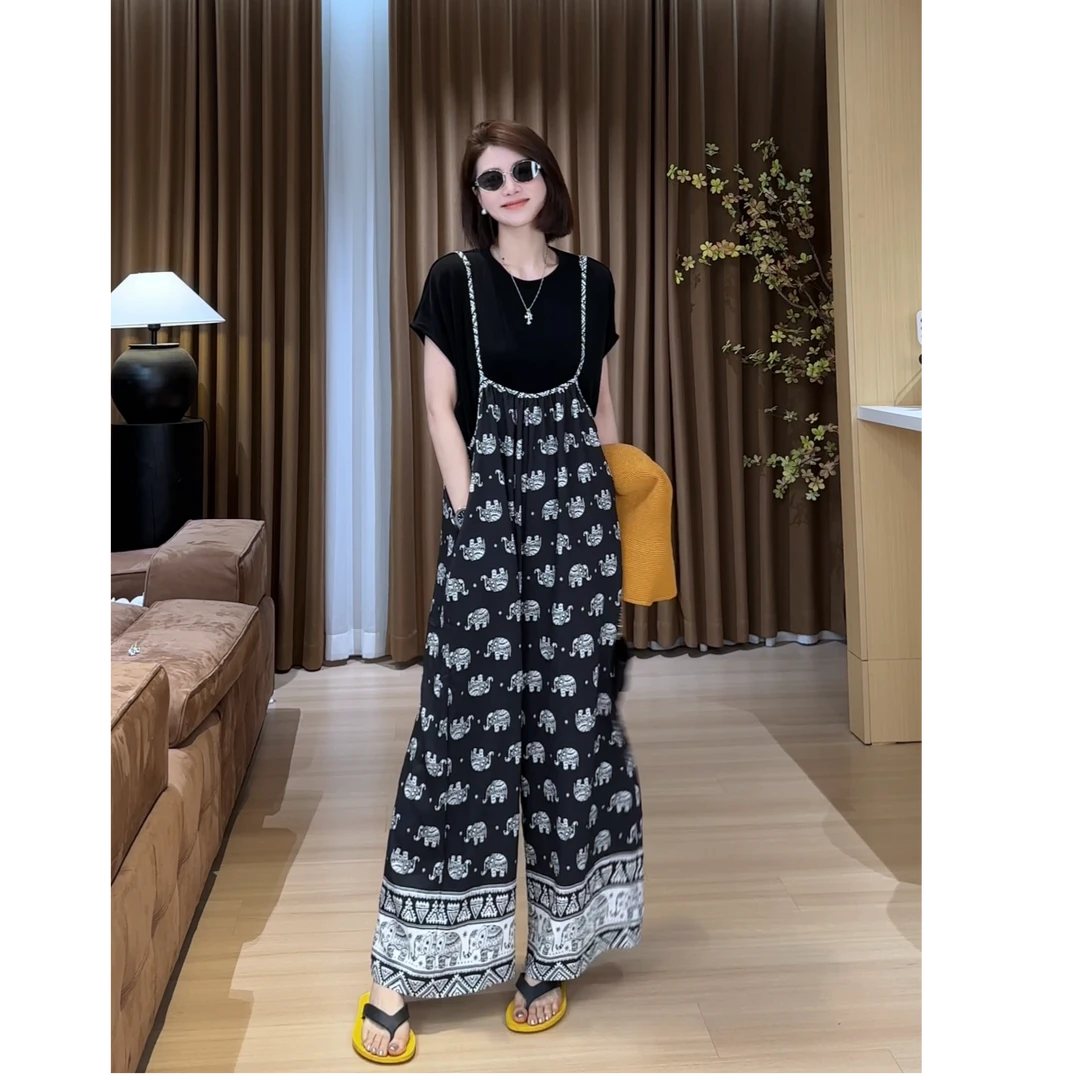 YYOUHAN 2025夏季小众设计极简撞色小象宽松百搭背带裤 2505C2811