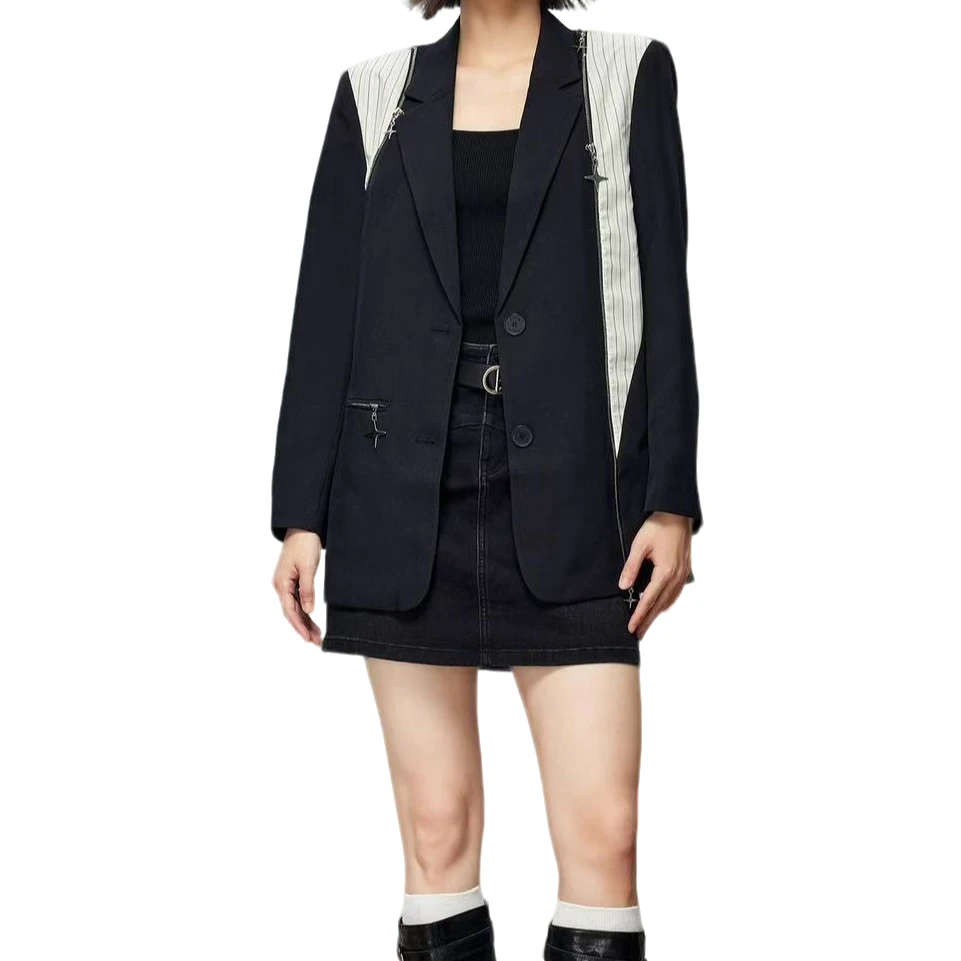 设计感单排扣撞色拼接拉链西装外套