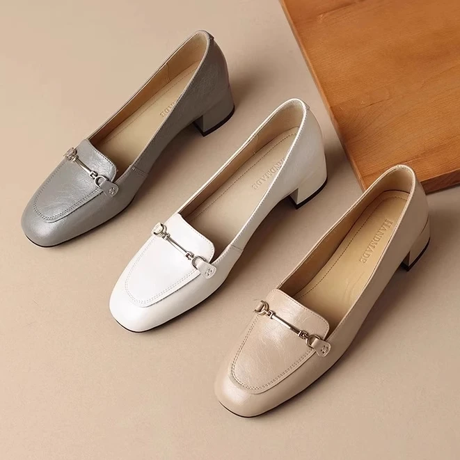 软皮方头浅口乐福鞋女2025春秋季新款粗跟小皮鞋中跟真皮软底单鞋