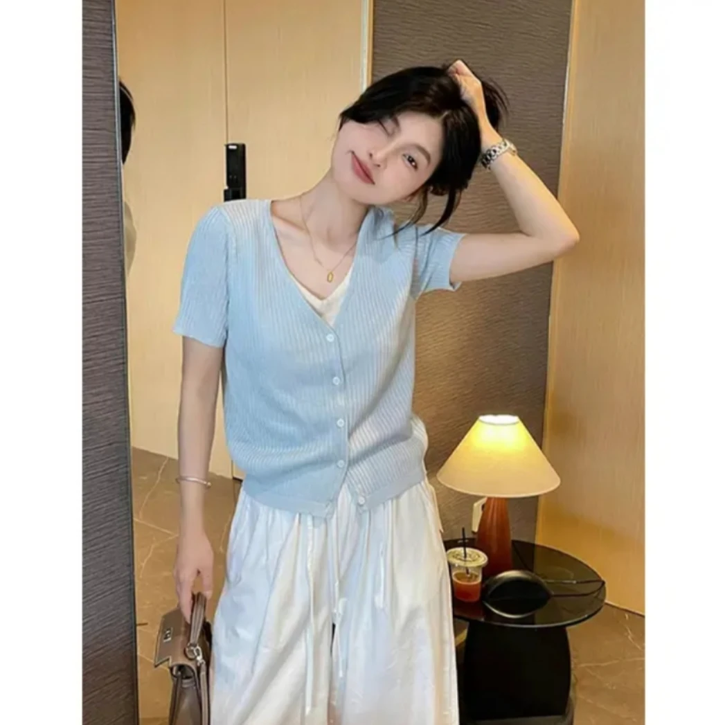 271夏季大码短袖毛针织衫糖果色修身上衣气质显瘦法式设计感时尚