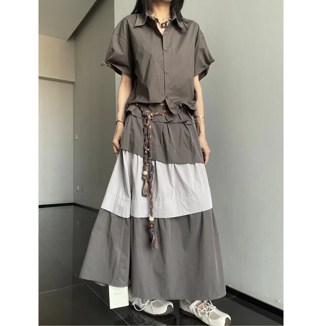 小众花边拼色散摆半身裙