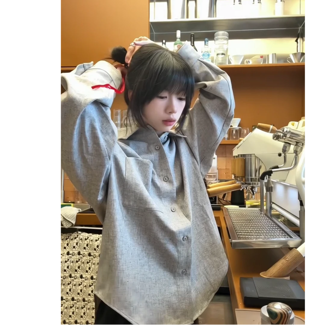 新款春季日系灰色衬衫潮牌时尚简约百搭高级感衬衣外套男款